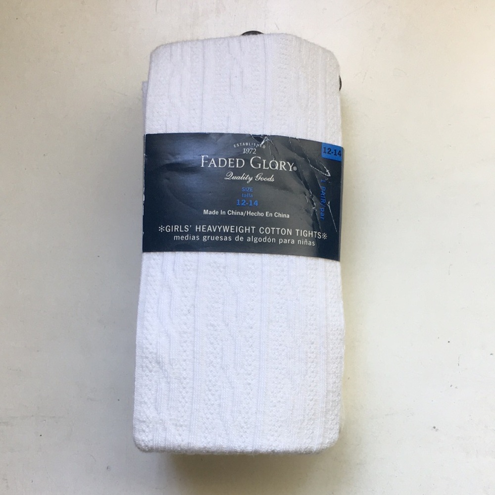 NWT Faded Glory Sz L 12 14 Girls Heavyweight White Cotton Stretch Tights New